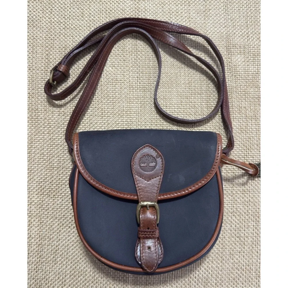Vintage Timberland Leather Flap Crossbody Black Saddle Bag Brass Purse USA